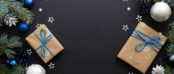 christmas background with balls, gifts box and snowflakes