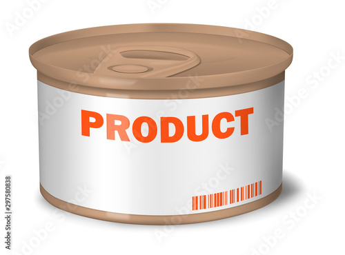 Tin can with hoop pull ring lid and paper label isolated on white background, vector template for design