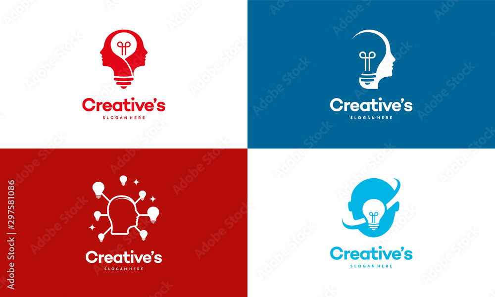 Set of Creative People logo with light bulb concept vector, human head bulb lamp logo vector idea - obrazy, fototapety, plakaty 