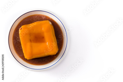 Typical Portuguese francesinha sandwich isolated on white background. Top view. Copy space