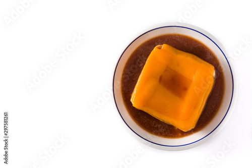 Typical Portuguese francesinha sandwich isolated on white background. Top view. Copy space