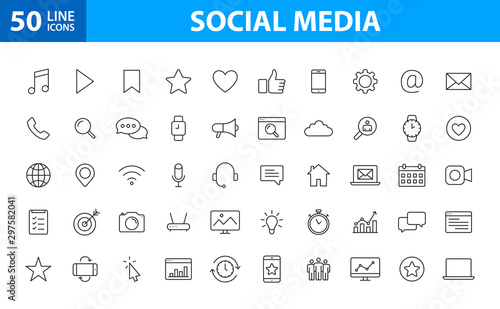 Set of 50 Social Media web icons in line style. Contact, digital, social networks, technology, website. Vector illustration.