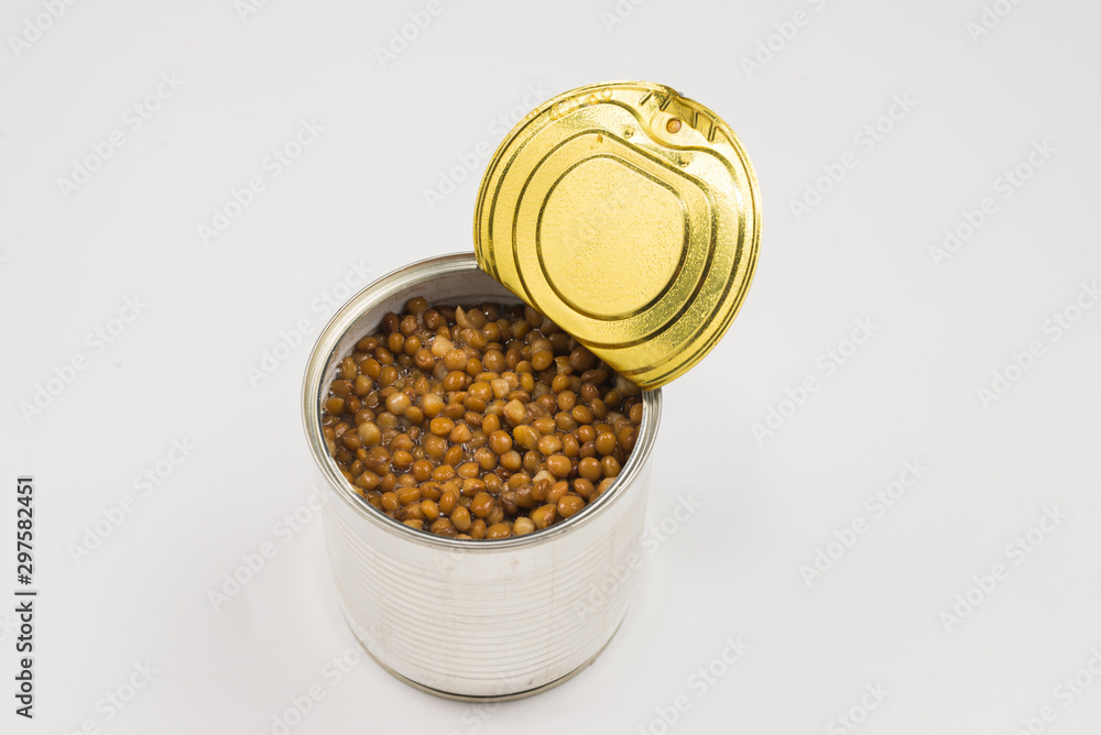 Canned food on white background. Lentils. Canned food on white background. Lentils.