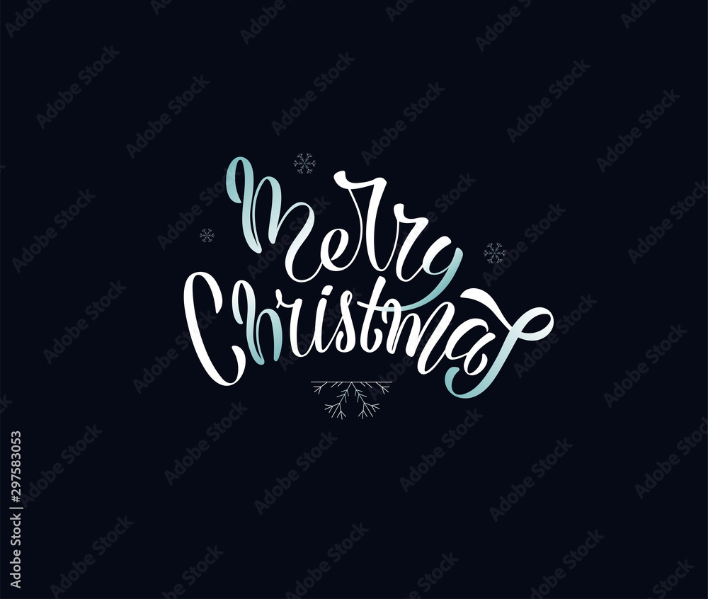 Merry Christmas inscription calligraphic lettering design. Congratulation. Handmade lettering. Handwritten inscription on a black background with snowflake. For greeting card, poster, banner, tag