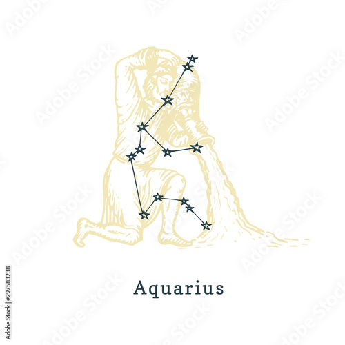 Zodiacal constellation of Aquarius on background of drawn symbol in engraving style. Vector illustration of Water Bearer