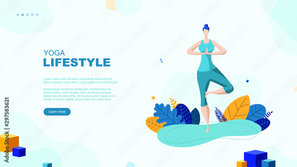 Trendy flat illustration. Yoga Lifestyle page concept. Girl doing yoga. Activity. Fitness. Template for your design works. Vector graphics.