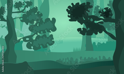 Vector landscape forest trees bushes and thickets in the form of silhouettes.