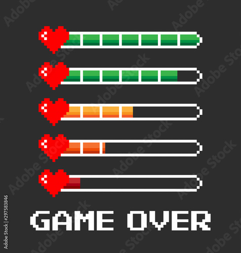 Pixel game life bar isolated on black background. Vector art 8 bit health heart bar. Gaming controller, symbols set.