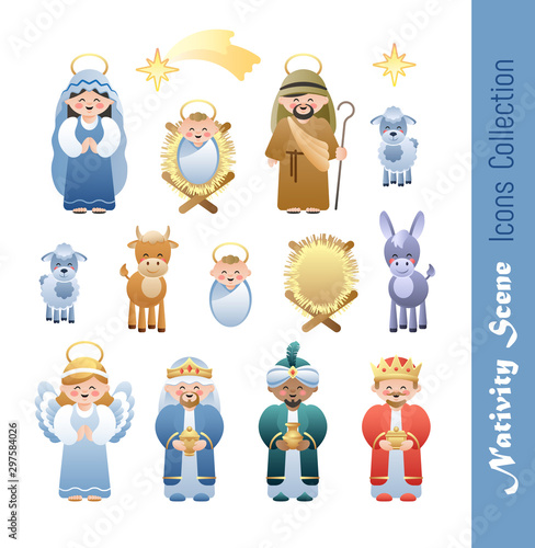Nativity Scene Icons Collection. Cute cartoon characters. Vector illustration without transparency.
