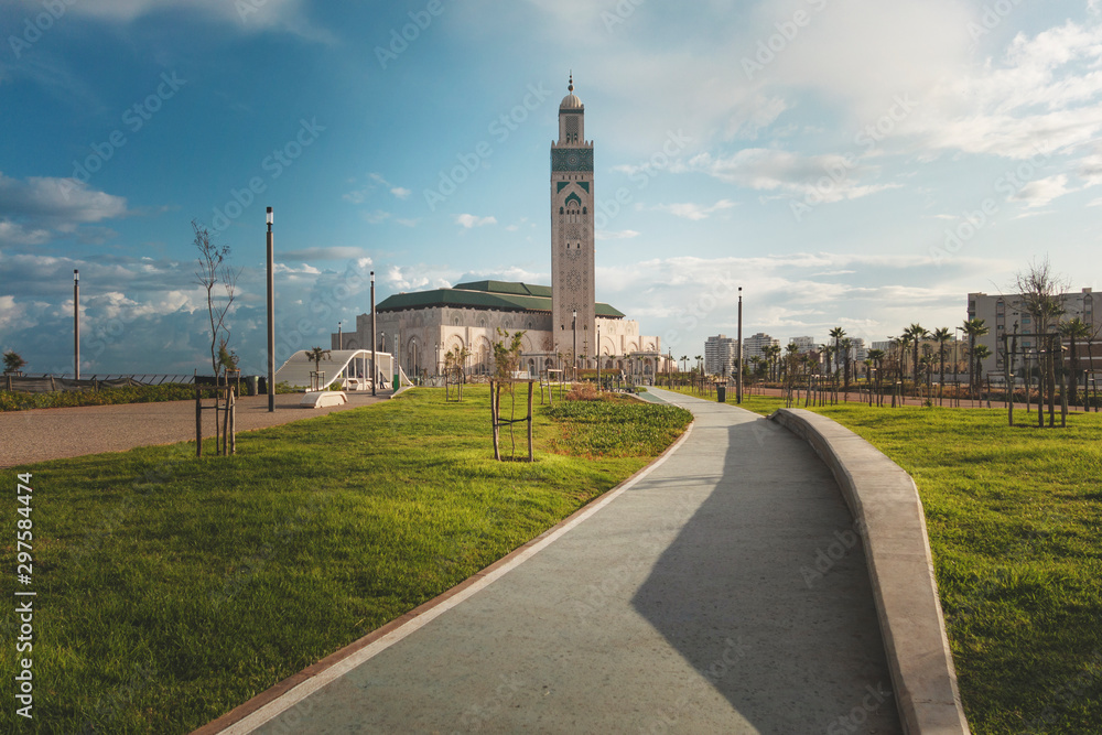 view of Hassan II Mosque from the walk alley