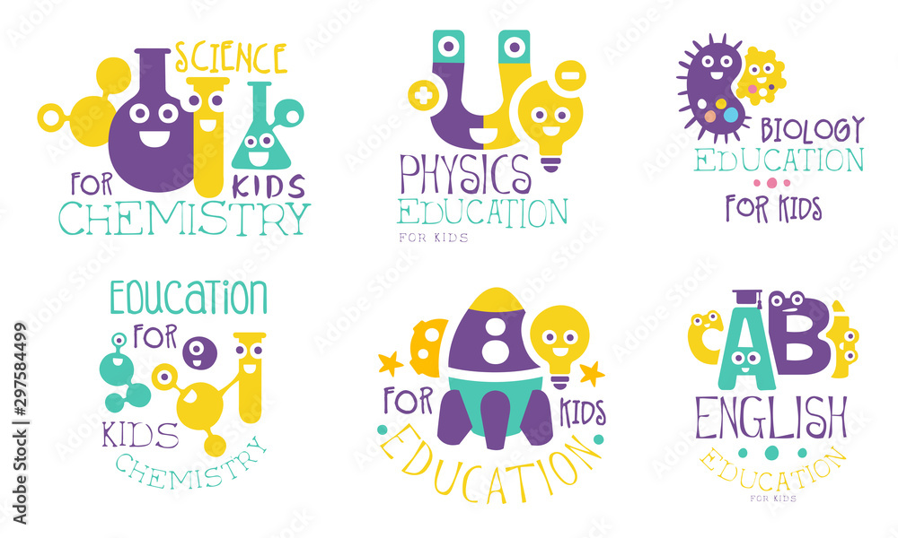 Set of school items logos cartoon vector illustration