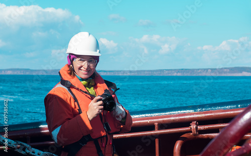 business concept.girl engineer on a ship.businesswoman