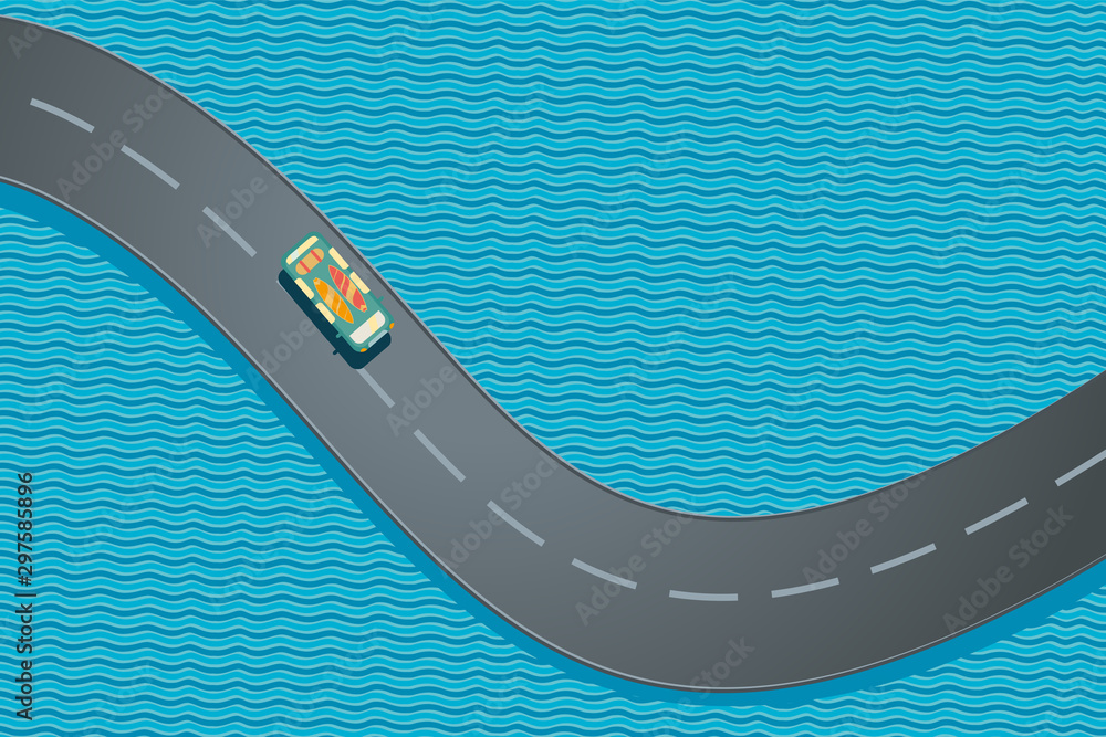 Ταπετσαρία Car with sufboards. Summer vacation trip. Ocean road top view.