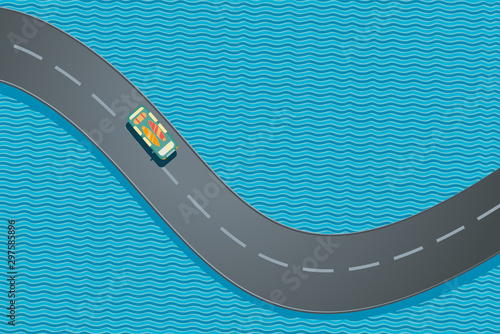 Photography Car with sufboards. Summer vacation trip. Ocean road top view.