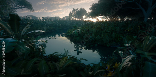 Piękny zachód słońca w raju w dżungli Gęsta roślinność lasów deszczowych i spokojna rzeka renderowania 3D