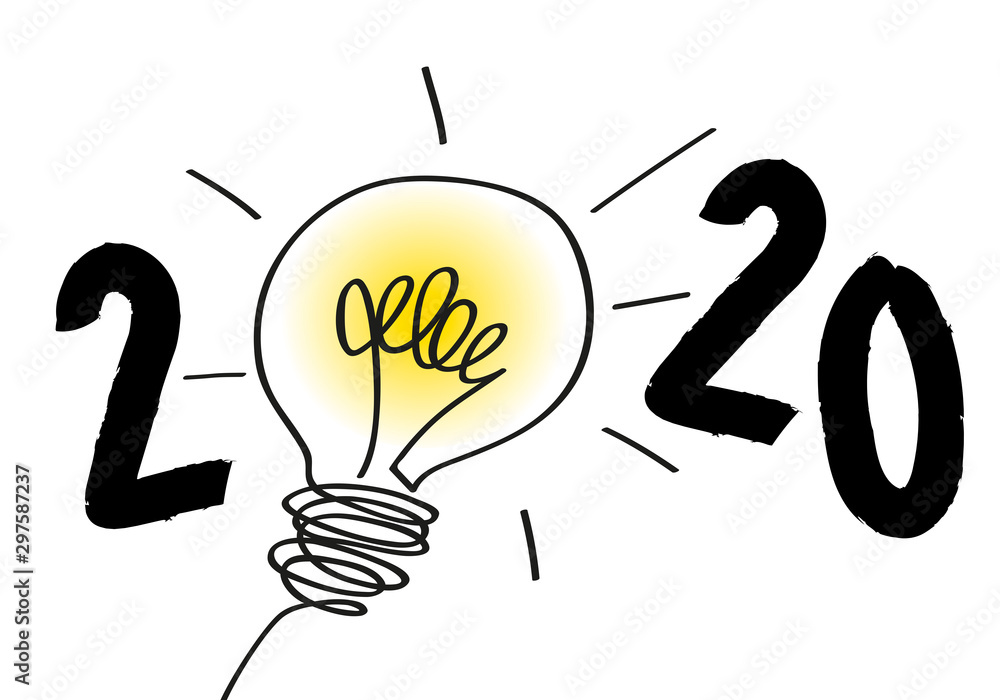 Concept de carte de vœux pour l’année 2020 avec une ampoule dessinée symbolisant une idée ou la solution à un problème, suite à un brainstorming. Concept de carte de vœux pour l’année 2020 avec une ampoule dessinée symbolisant une idée ou la solution à un problème, suite à un brainstorming.