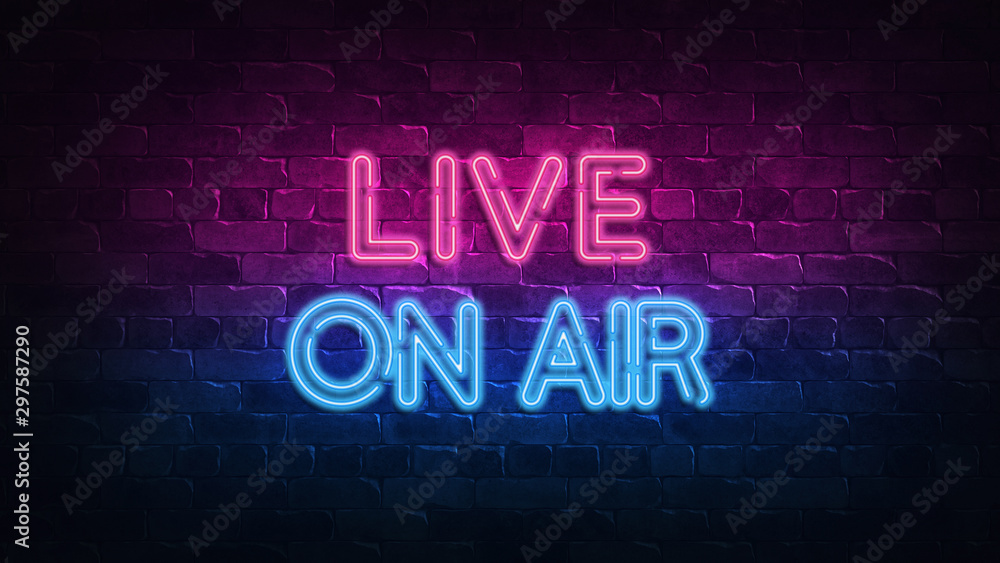 Live on air neon sign. purple and blue glow. neon text. Brick wall lit by neon lamps. Night lighting on the wall. 3d illustration. Trendy Design. light banner, bright advertisement