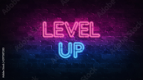 Level Up neon sign. purple and blue glow. neon text. Brick wall lit by neon lamps. Night lighting on the wall. 3d illustration. Trendy Design. light banner, bright advertisement