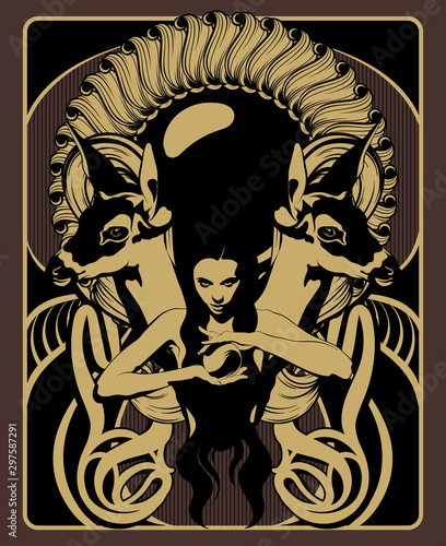 Vector hand drawn illustration of witch with fawns. Creative artwork. Template for card, poster, banner, print for t-shirt, pin, badge, patch.