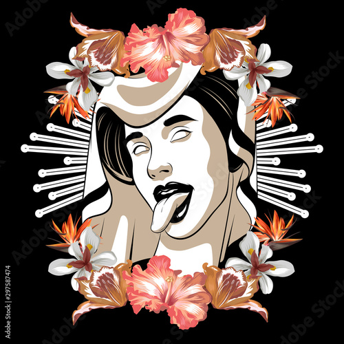 Vector hand drawn illustration of pretty girl with flowers isolated. Creative artwork.  Template for card, poster, banner, print for t-shirt, pin, badge, patch.