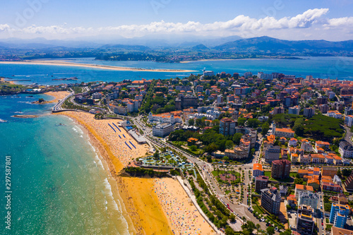 Aerial view of coast line and beach at Santander with buildings, Cantabria