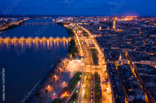 Night aerial view of historic centre of Bordeaux. France