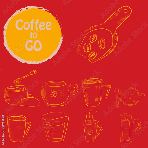 Set of doodle hand drawn sketches isolated on chalkboard background. Design elements for cafe menu or coffee shop.