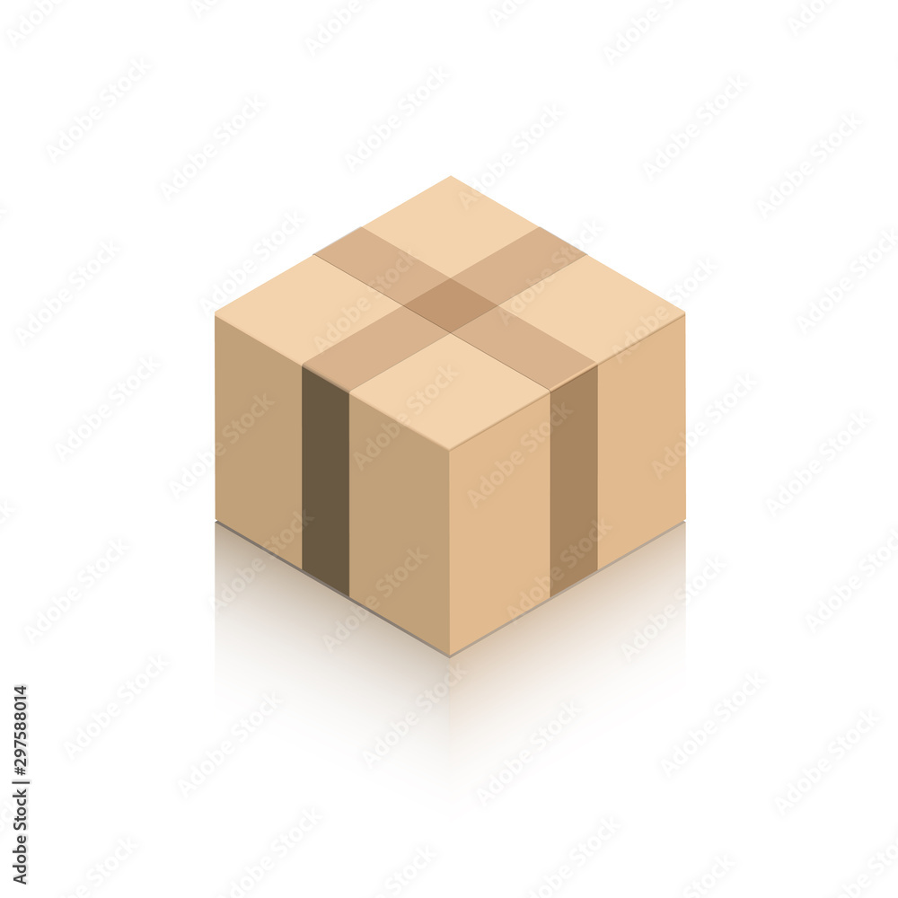 Mock up miniature closed cardboard box and tape. Object on a white background with a mirror shadow for icons, advertising, website content. Isometric style. Mock up miniature closed cardboard box and tape. Object on a white background with a mirror shadow for icons, advertising, website content. Isometric style.