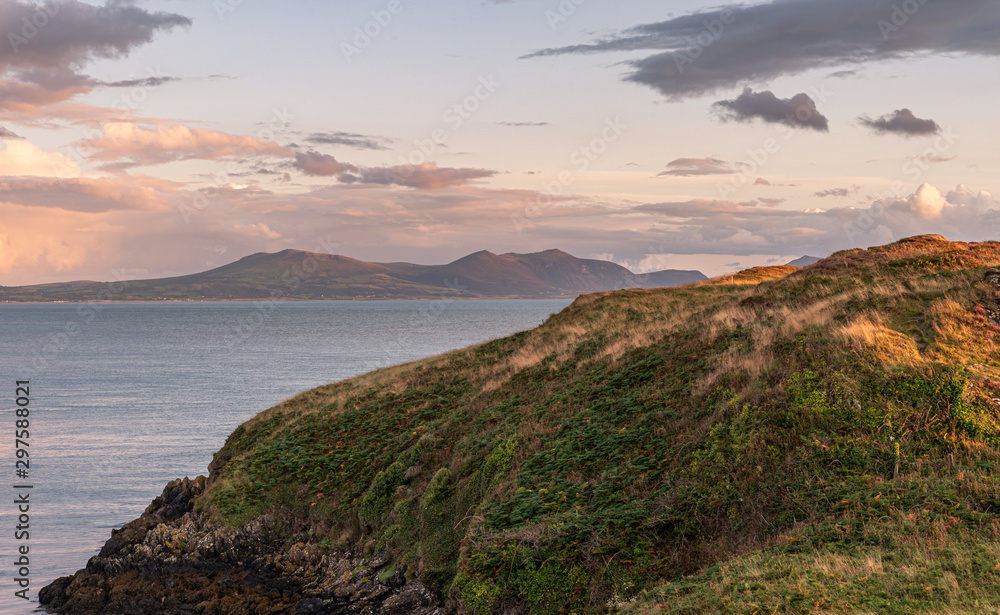 View of the llyn peninsula from Ynys Llanddwyn on Anglesey, North Wales.