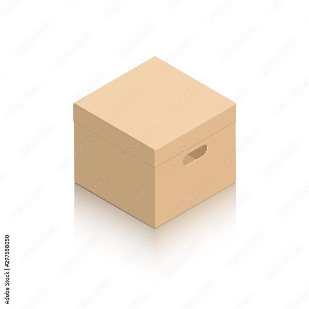 Layout of a miniature closed cardboard box and carved handles. Object on a white background with a mirror shadow for icons, advertising, website content. Isometric style. Layout of a miniature closed cardboard box and carved handles. Object on a white background with a mirror shadow for icons, advertising, website content. Isometric style.