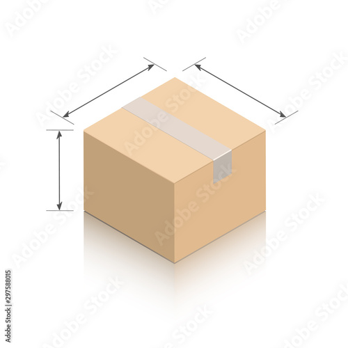 Mock up miniature closed cardboard box and tape. Arrows to indicate package dimensions. Object on a white background with a mirror shadow for icons, advertising, website content. Isometric style.