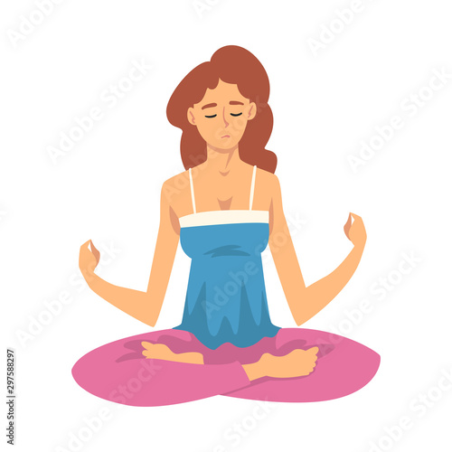 Woman safe the balance with meditation, relaxation cartoon vector illustration