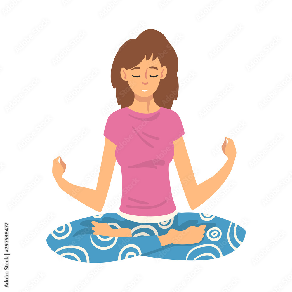 Obraz premium Woman safe the balance with meditation, relaxation cartoon vector illustration
