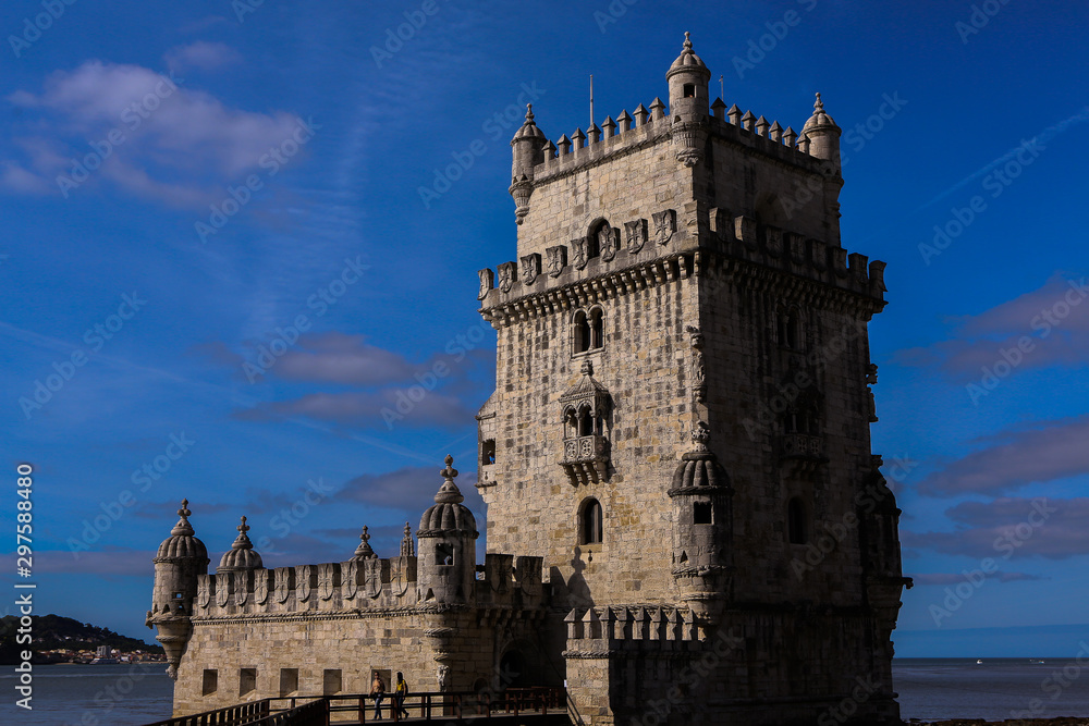 Tower of Belem at sunset, Lisbon, Potugal. Medieval Castle in Europe. Fortress