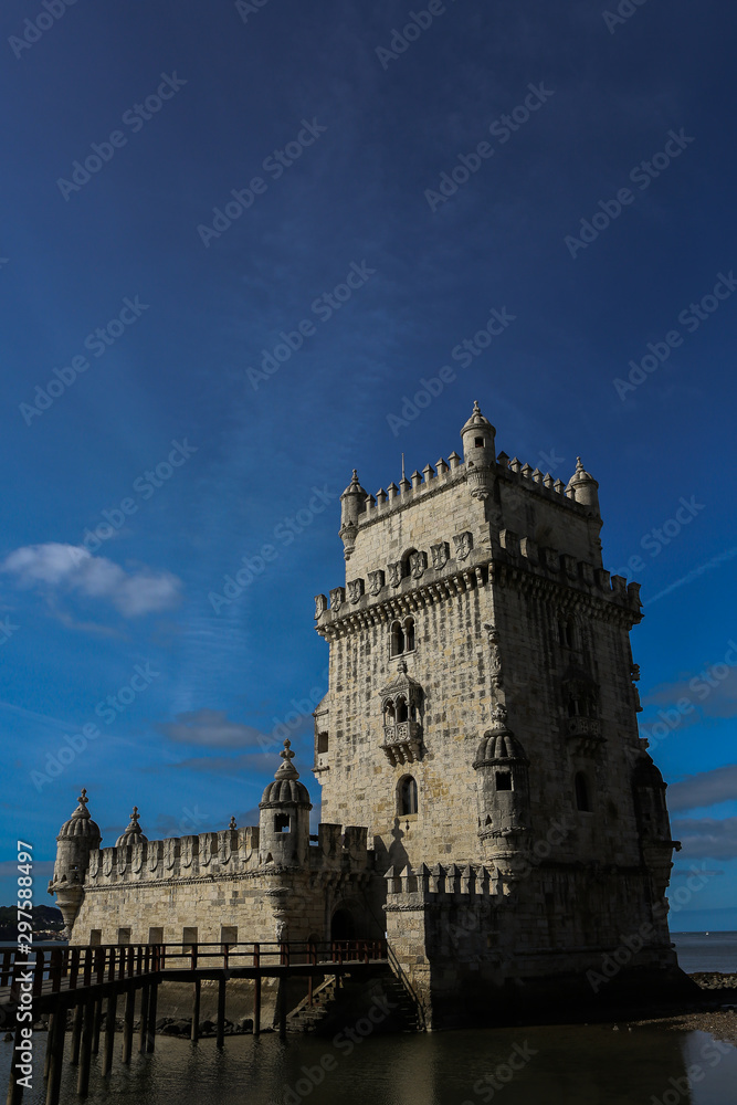 Tower of Belem at sunset, Lisbon, Potugal. Medieval Castle in Europe. Fortress