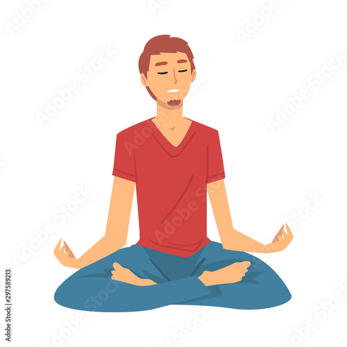 Man safe the balance with meditation, relaxation cartoon vector illustration