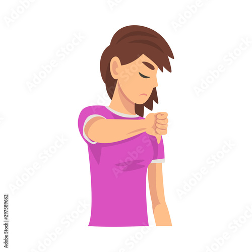 Girl holds fist finger down, dislike cartoon vector illustration