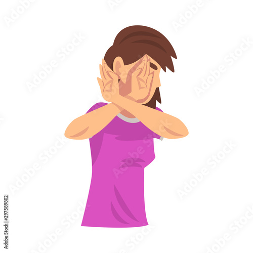 Girl holds arms crossed in front of her saying stop cartoon vector illustration