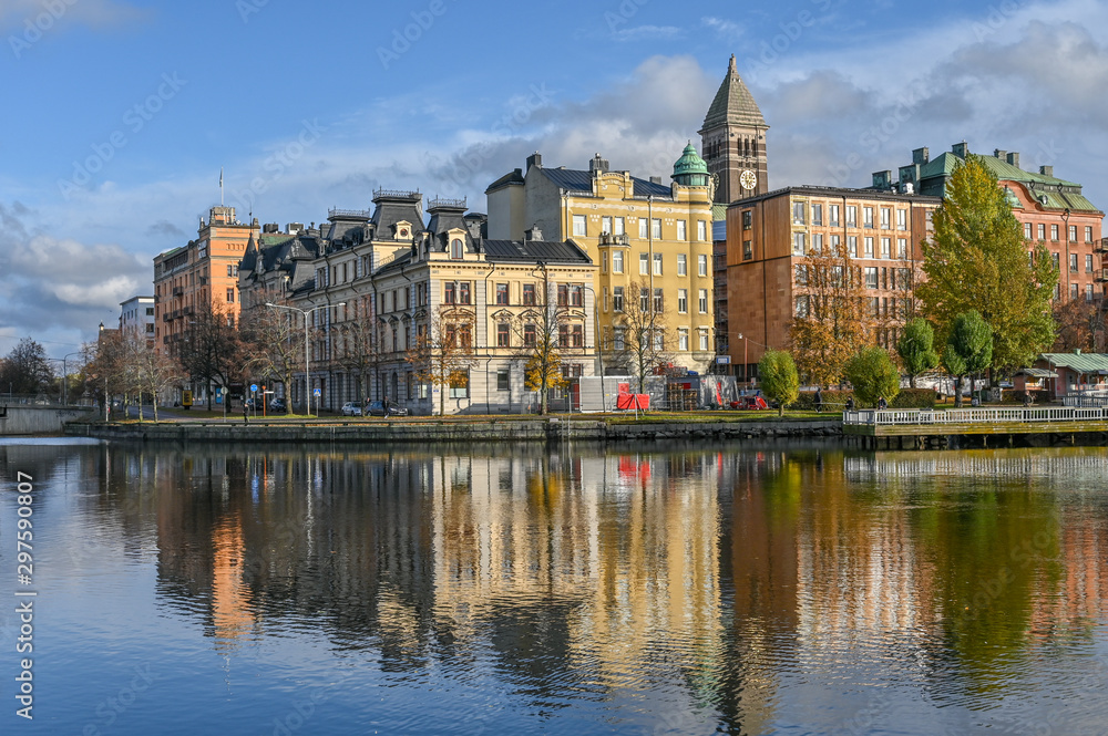 Motala stream in Norrkoping during fall. Norrkoping is a historic industrial town in Sweden.