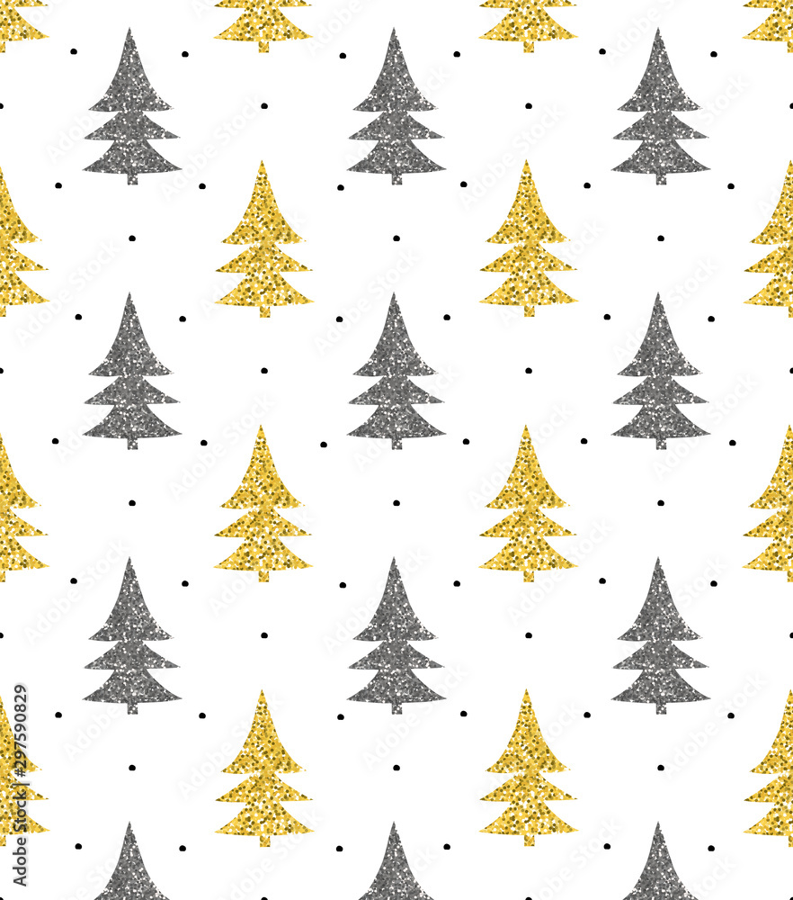 Seamless Christmas pattern of fir trees with gold and silver glitter on white background. New year design for wrapping paper. Background with sparkles.