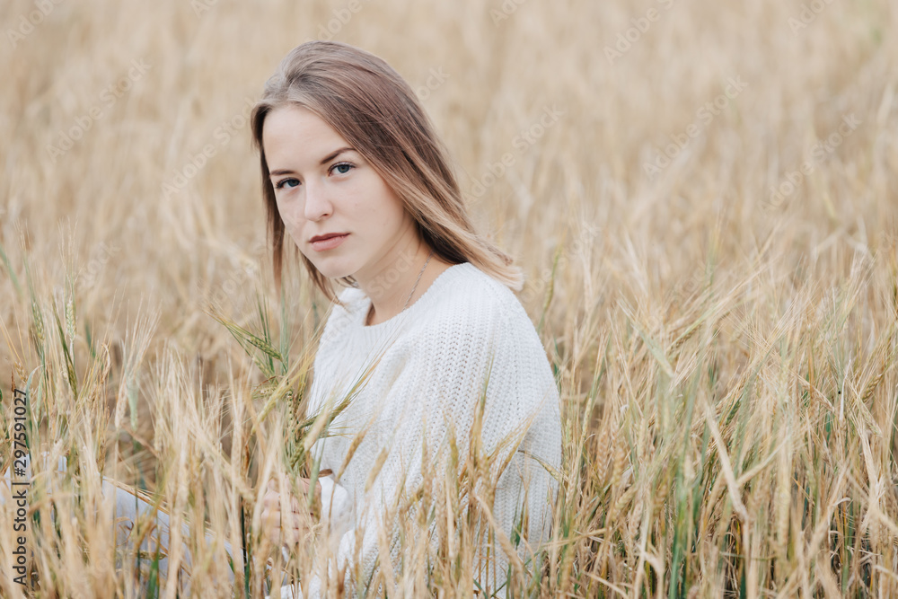 Beautiful young girl in a white sweater sits in a wheat field and looks thoughtfully at the camera.