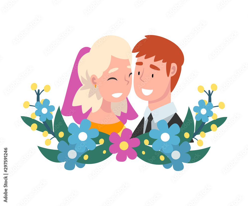 Portrait of bride and groom standing behind a wreath cartoon vector illustration Portrait of bride and groom standing behind a wreath cartoon vector illustration