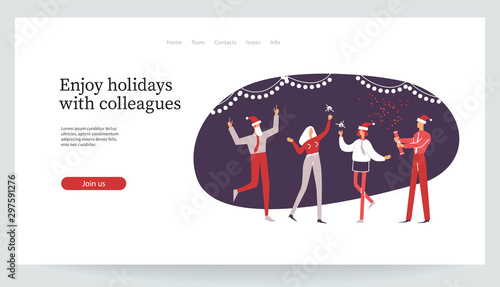 Merry Christmas. People jollify together. Workers having fun at night. Corporate party with sparklers and confetti. Company celebrates new year. Holiday vector illustration EPS10 isolated on white