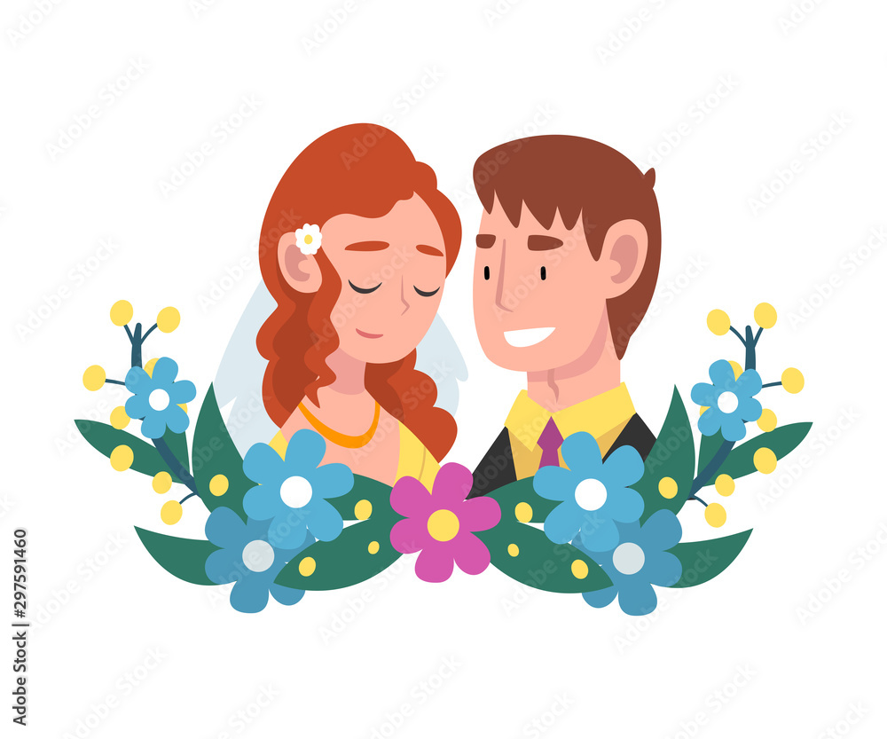 Portrait of bride and groom standing behind a wreath cartoon vector illustration Portrait of bride and groom standing behind a wreath cartoon vector illustration