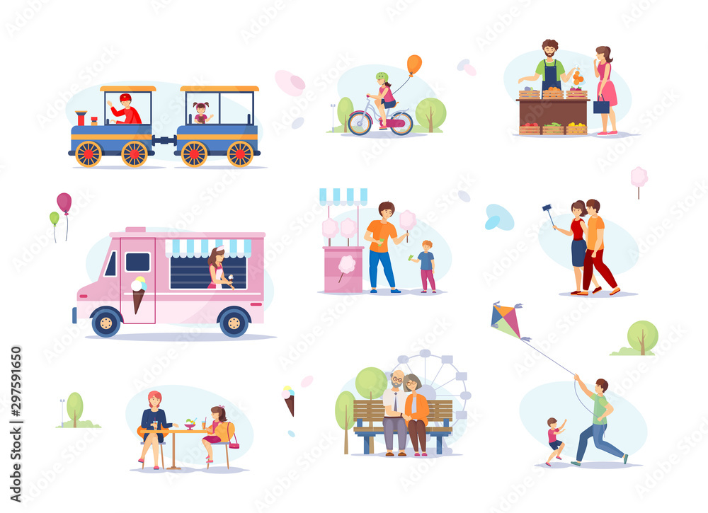 Fototapeta premium Summer fest, food street fair, food markets outdoors. Amusement and recreation park. Family street cafes, children's attractions, festival, walks of couples and children, games in the park vector