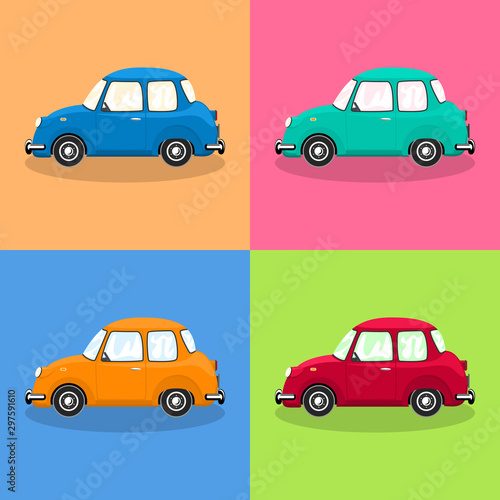 Fototapeta Naklejka Na Ścianę i Meble -  Set of funny retro cars on colorful background, vector illustration