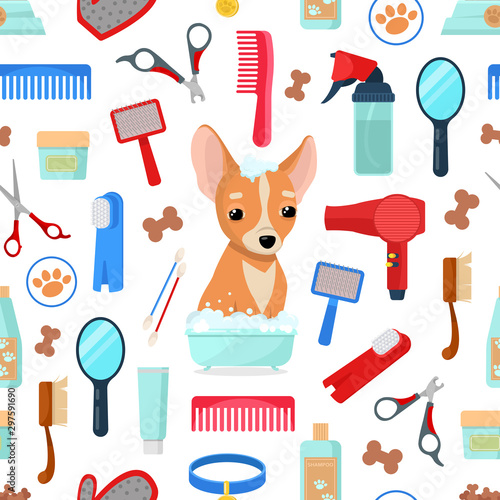 pattern with grooming tools and dog