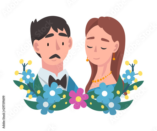 Portrait of bride and groom standing behind a wreath cartoon vector illustration