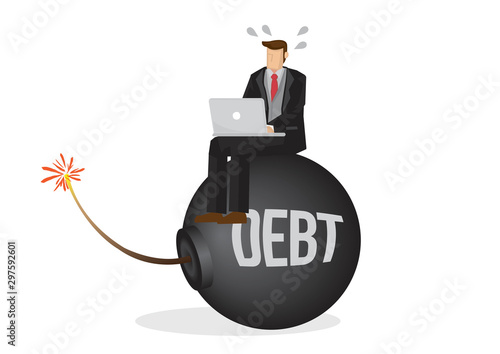 Businessman sitting on top of a bomb. Concept of working non-stop working so as not to fall into debt. Isolated vector illustration.