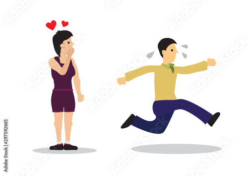 Woman in love with a man running away. Concept of force marriage, wedding stress, separation or harassment.